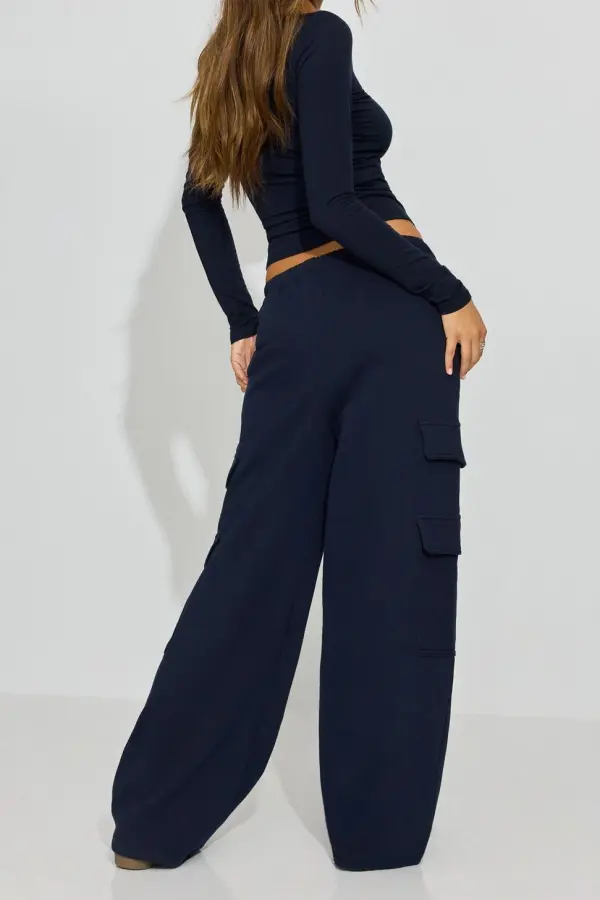 Navy Blue Long Sleeve Ruched Crop Top