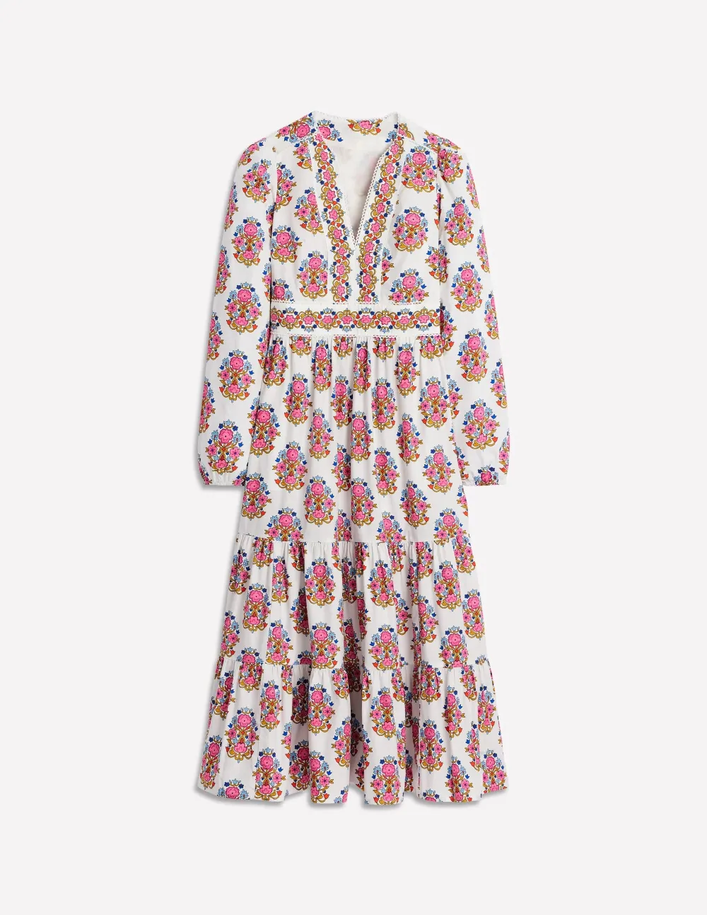 White and Pink Paisley - Print Cotton Midi Dress