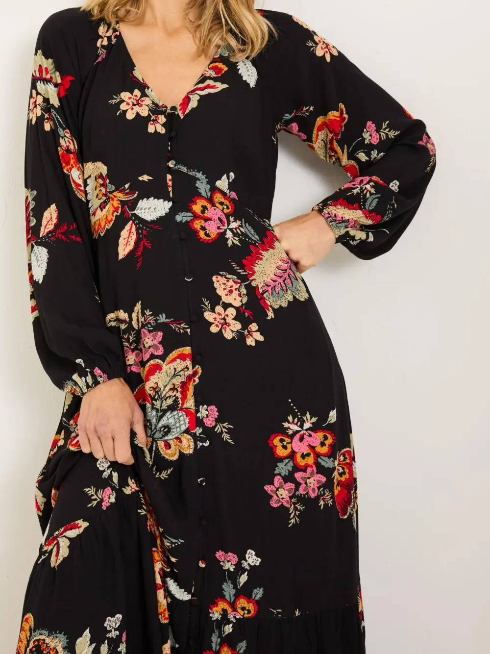 Black Floral Long Sleeve Midi Dress