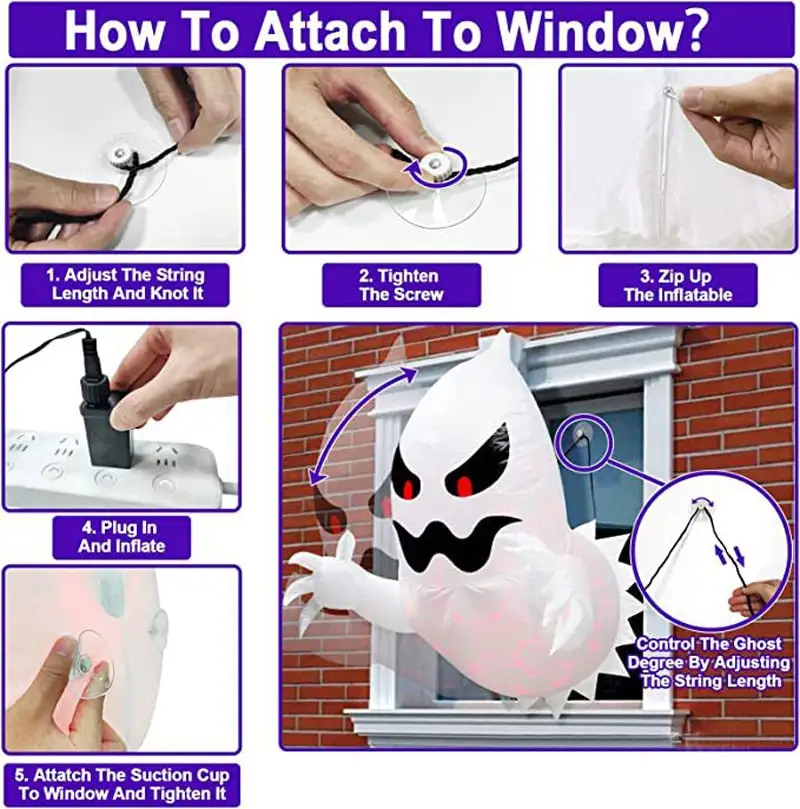 1.4m Halloween Inflatable Ghost Horror Window Ghost Foldable Glowing Balloon Outdoor Courtyard Garden Decoration Fun Party Tool
