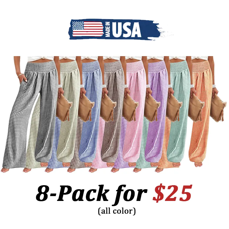 Women's High Waisted Plaid Wide Leg Pants - Lounge Pajama with Pockets