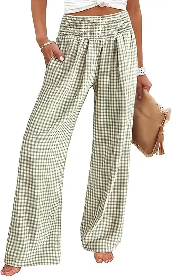 Women's High Waisted Plaid Wide Leg Pants - Lounge Pajama with Pockets