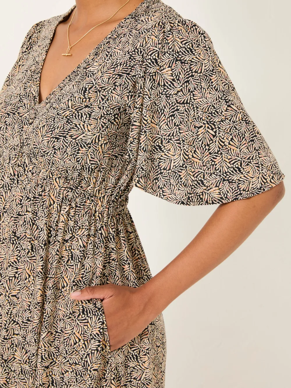 Black Floral Waist Tie Midi Dress