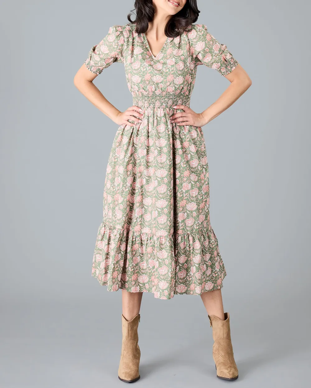 Green Pink Floral Print Midi Dress