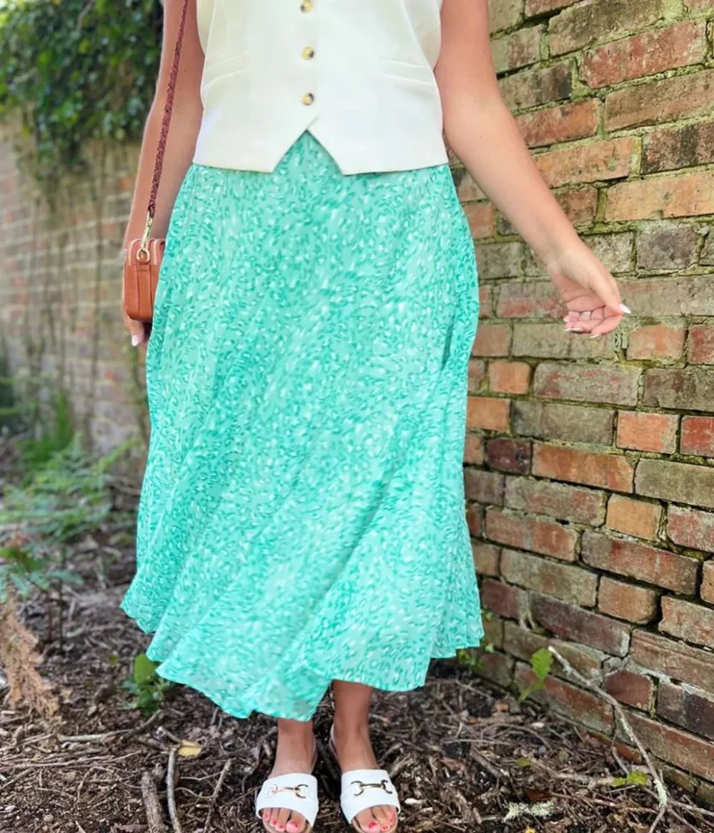 Green Swirling Animal Pleated Midi Skirt