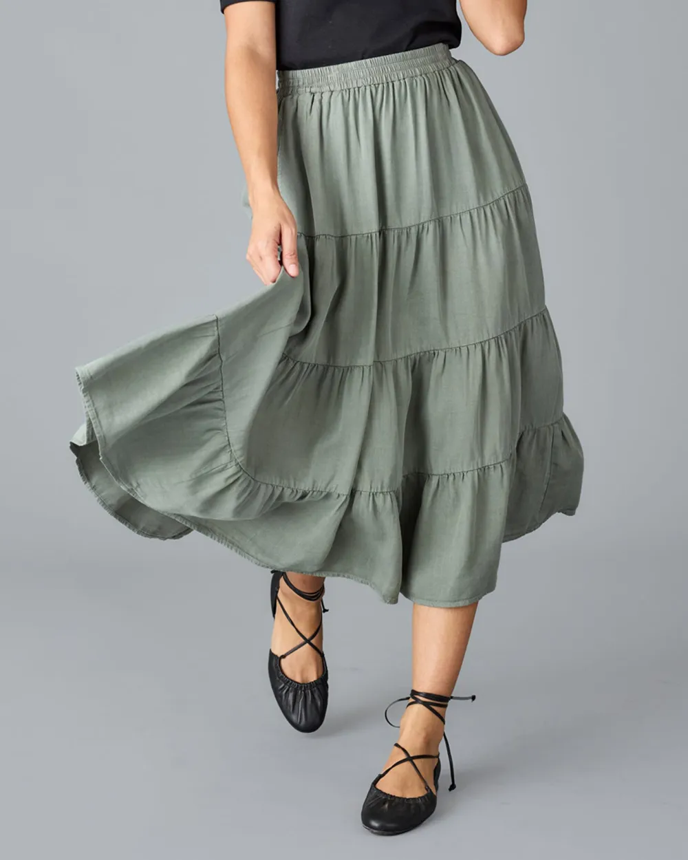 Olive Green Ruffled Midi Skirt
