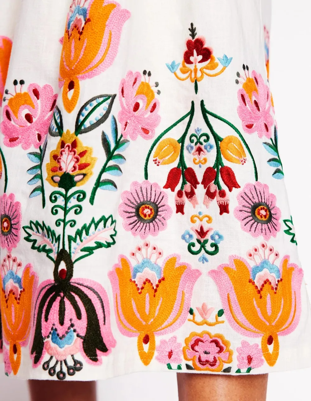 White Embroidered Verity Linen Midi Skirt