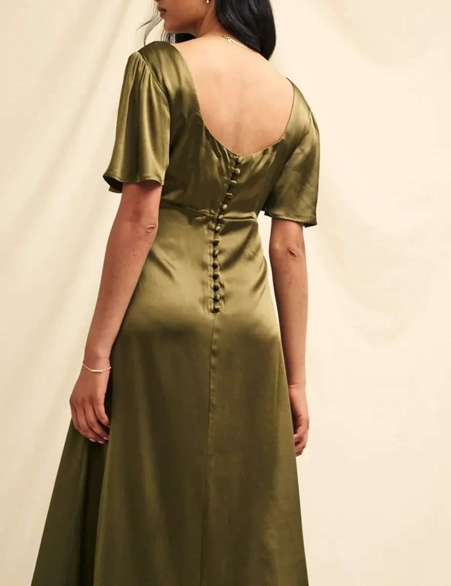 Olive Satin Square Neck Maxi Dress