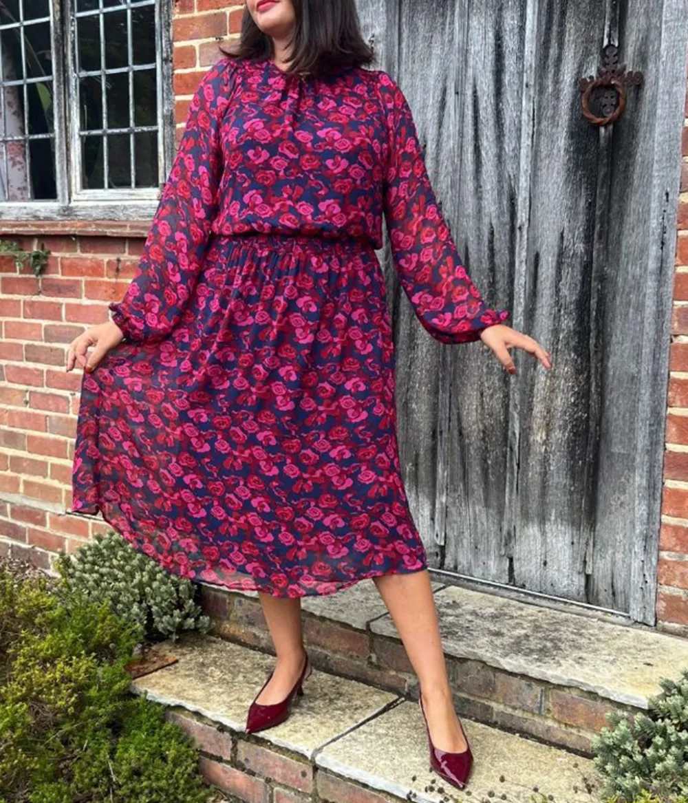 Pink Rose Print Midi Dress