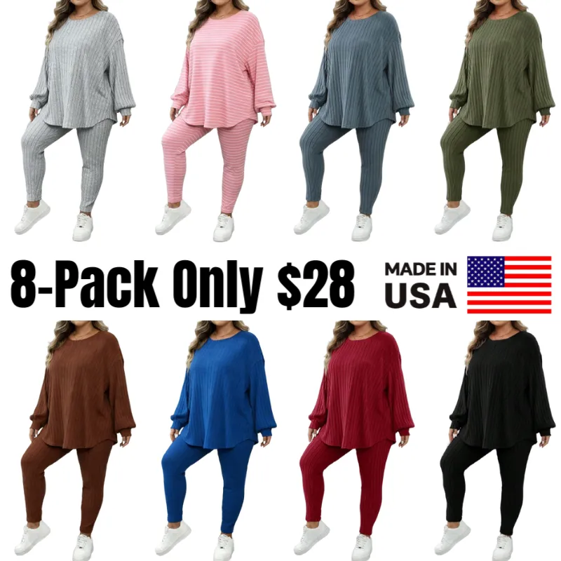 Plus Size Women's Autumn-Winter Ribbed 2pc Drop Shoulder Set