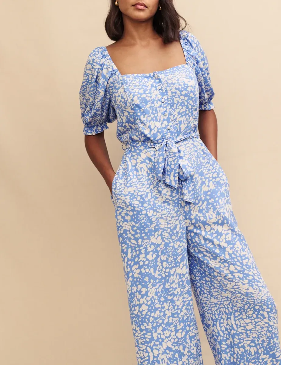 Blue Printed Tie Waist Jumpsuit