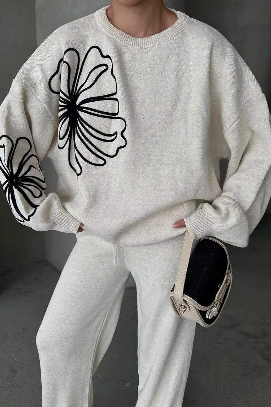 Casual Round Neck Knit Sweater with Pants Two Piece Pants Set