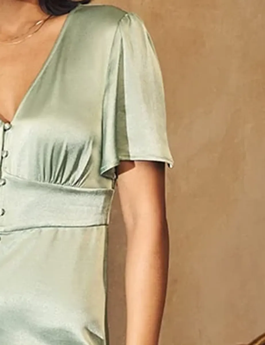 Sage Green Satin V-Neck Maxi Dress