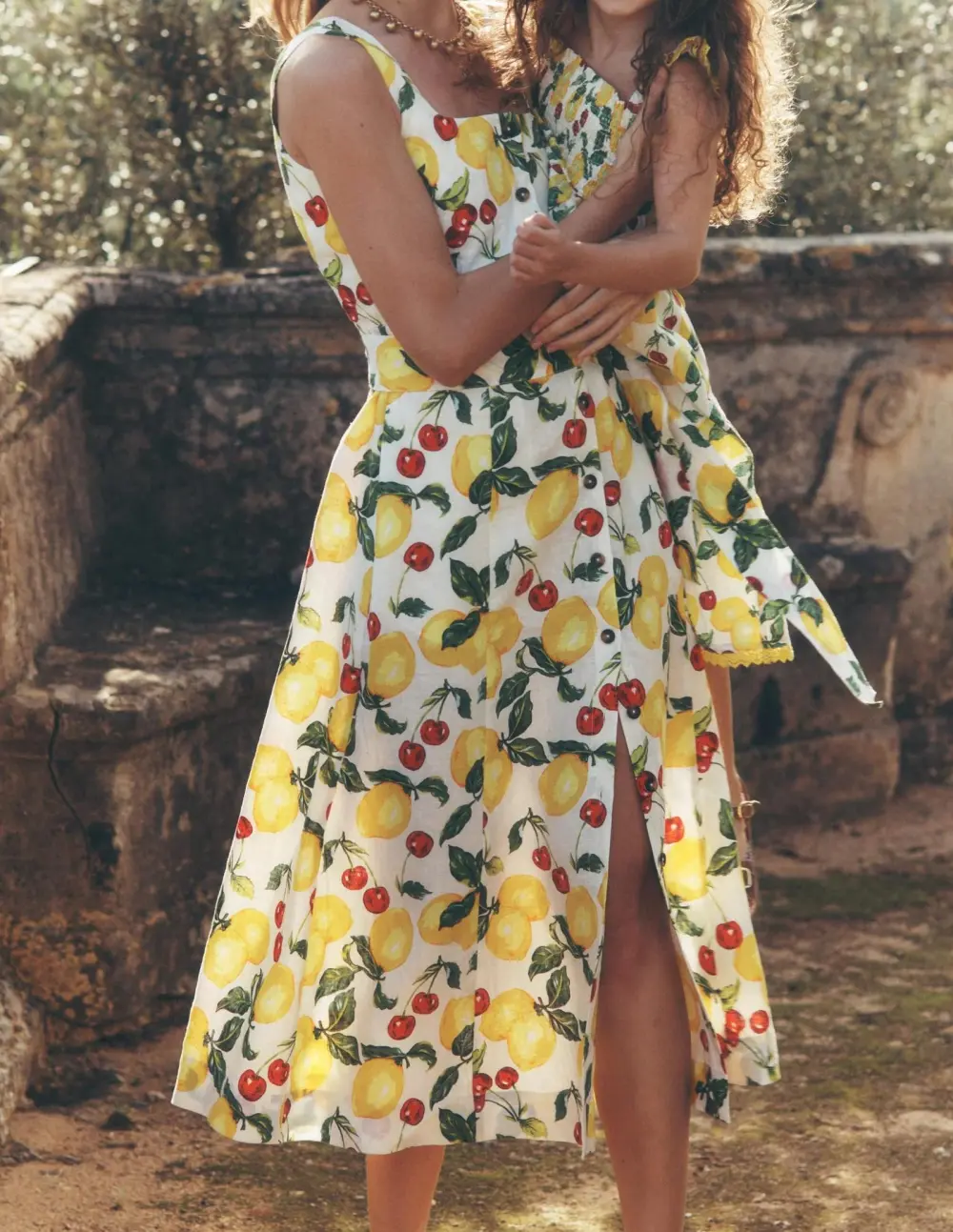 Lemon - Print Spaghetti - Strap Midi Dress