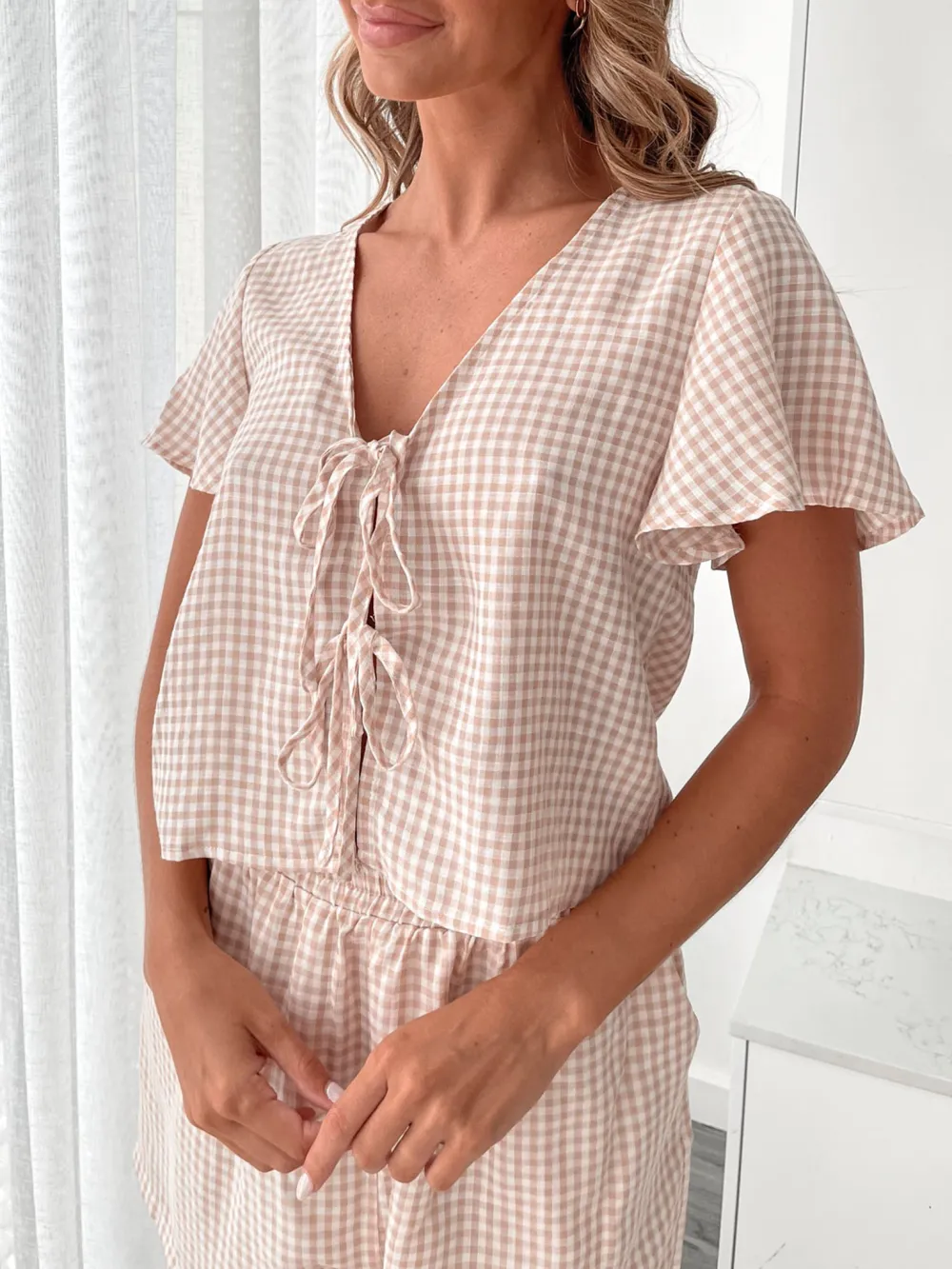 Beige Casual Style Gingham Top