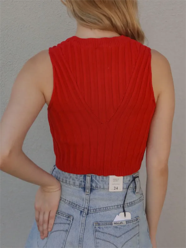 Red Ribbed Sleeveless Cropped Knit Top