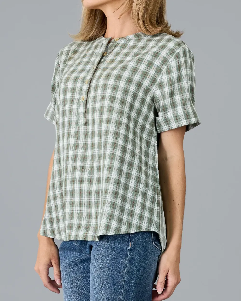 Green And White Checkered Henley Shirt