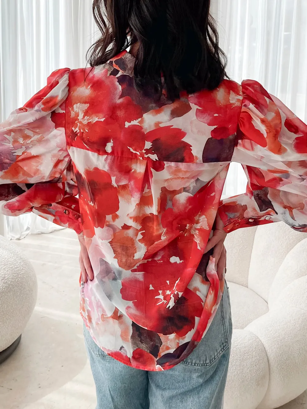 Casual Style Crimson Floral Fleet Blouse