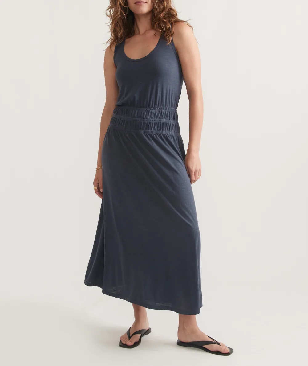 Navy Slub Fabric Midi Dress
