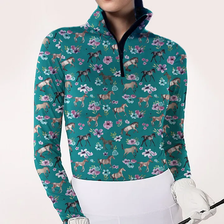 Women's Equestrian Style Horse Print Long Sleeve Casual Shirt