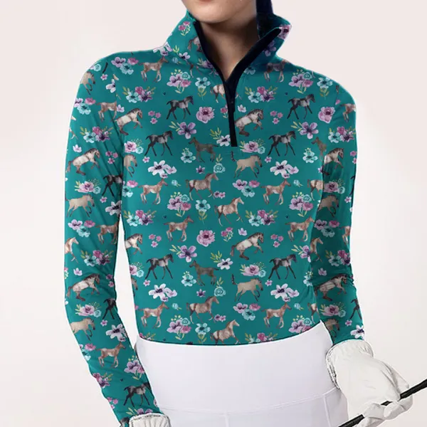 Women's Equestrian Style Horse Print Long Sleeve Casual Shirt