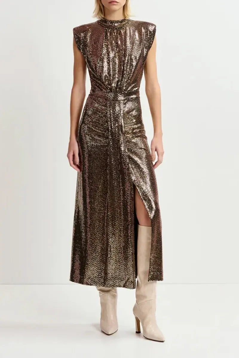 Sleeveless Ruched Waist Midi Dresses