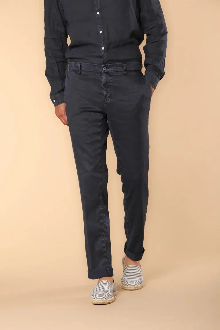Men's Navy Linen and Cotton Twill Regular Fit Slim Straight Trousers