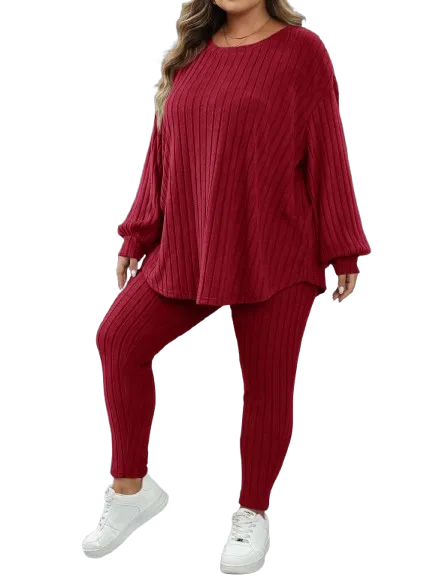 Plus Size Women's Autumn-Winter Ribbed 2pc Drop Shoulder Set