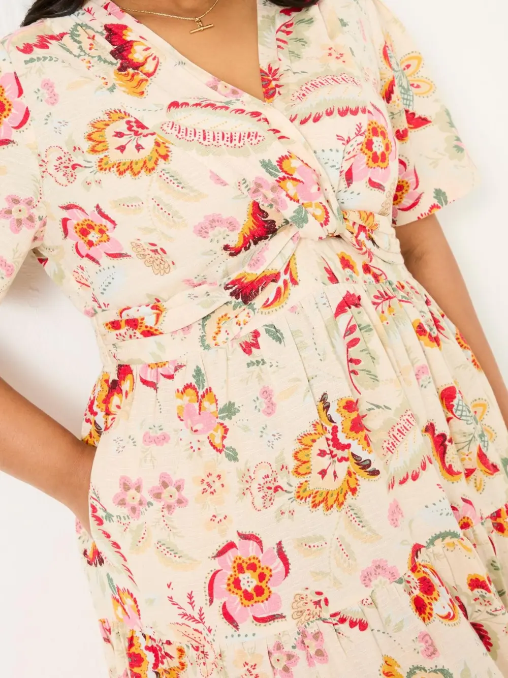 Cream Plants Printed Midi Dress