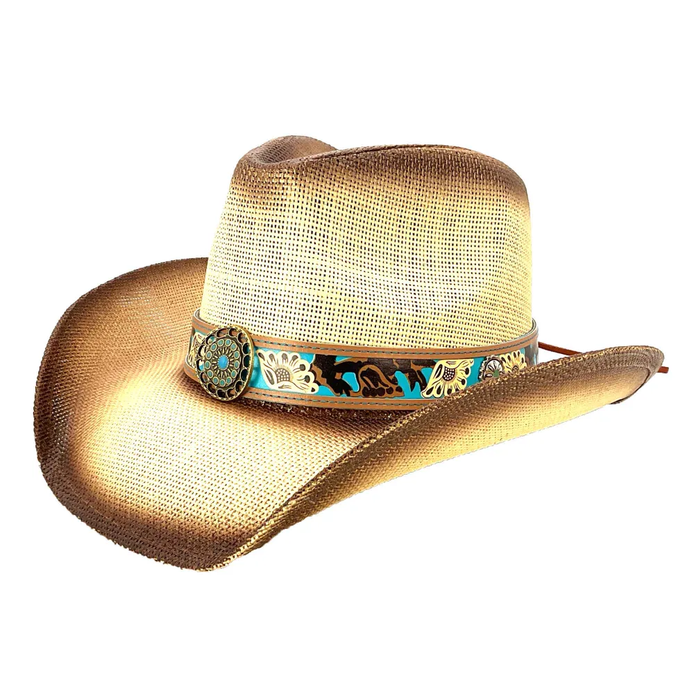 Straw Cowboy Hat with Turquoise Band and Concho