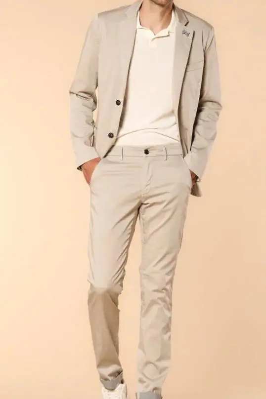 Men's Light Beige Cotton Casual Twill Slim Fit Trousers