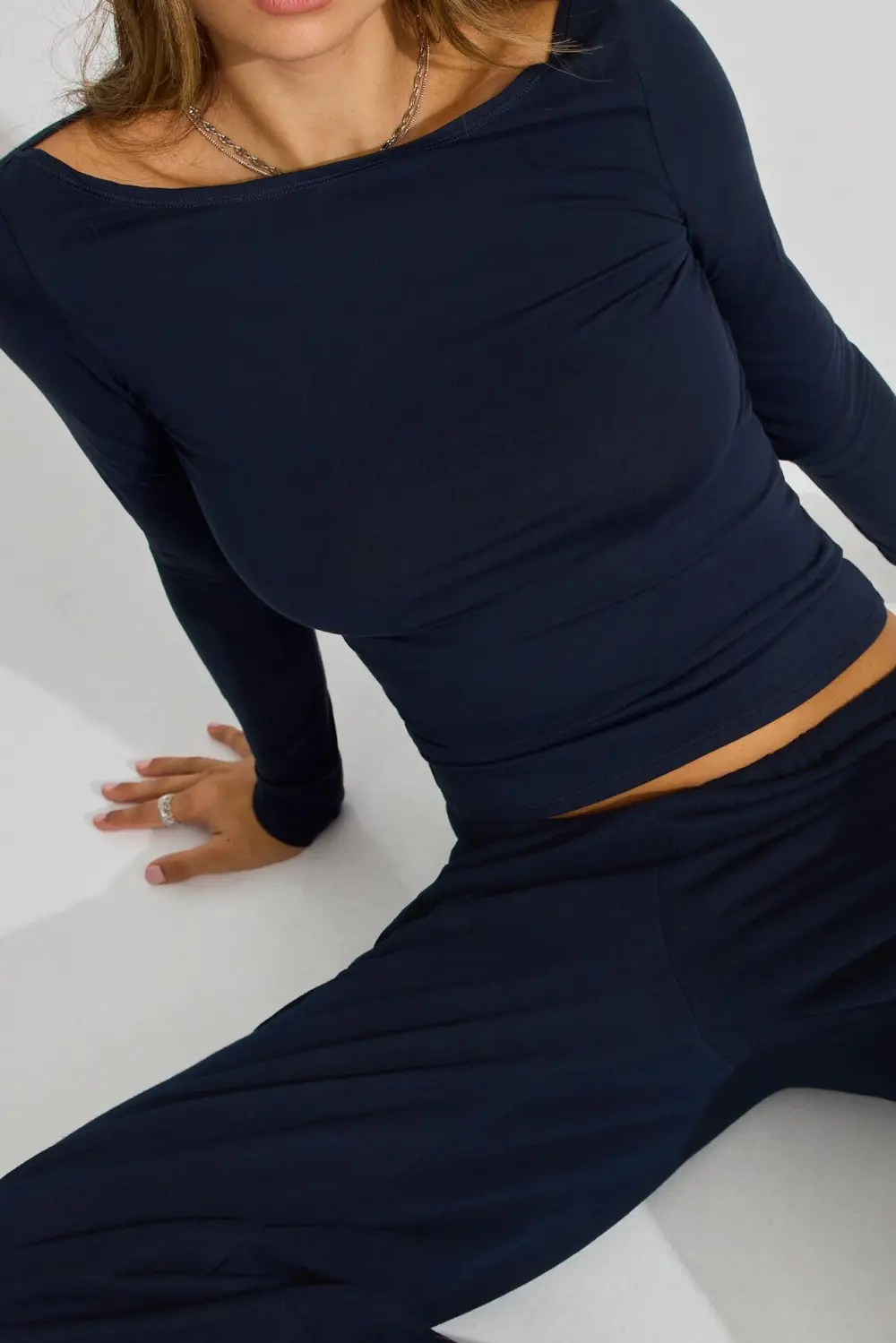 Navy Blue Long Sleeve Ruched Crop Top