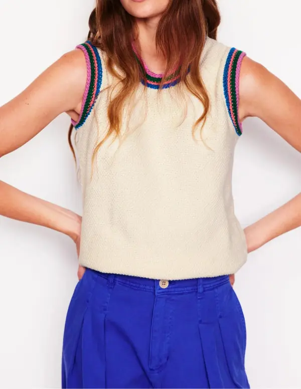 Ivory Embroidered - Trim Sleeveless Sweater