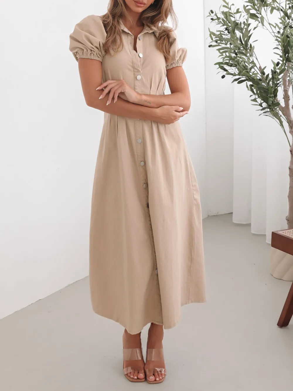 Beige Short Puff Sleeves Dress