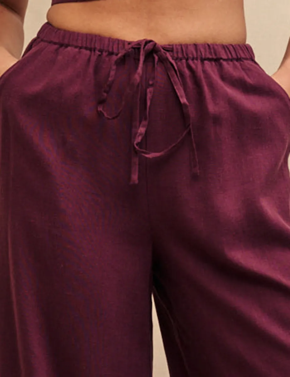 Plum Linen-blend Drawstring Trousers