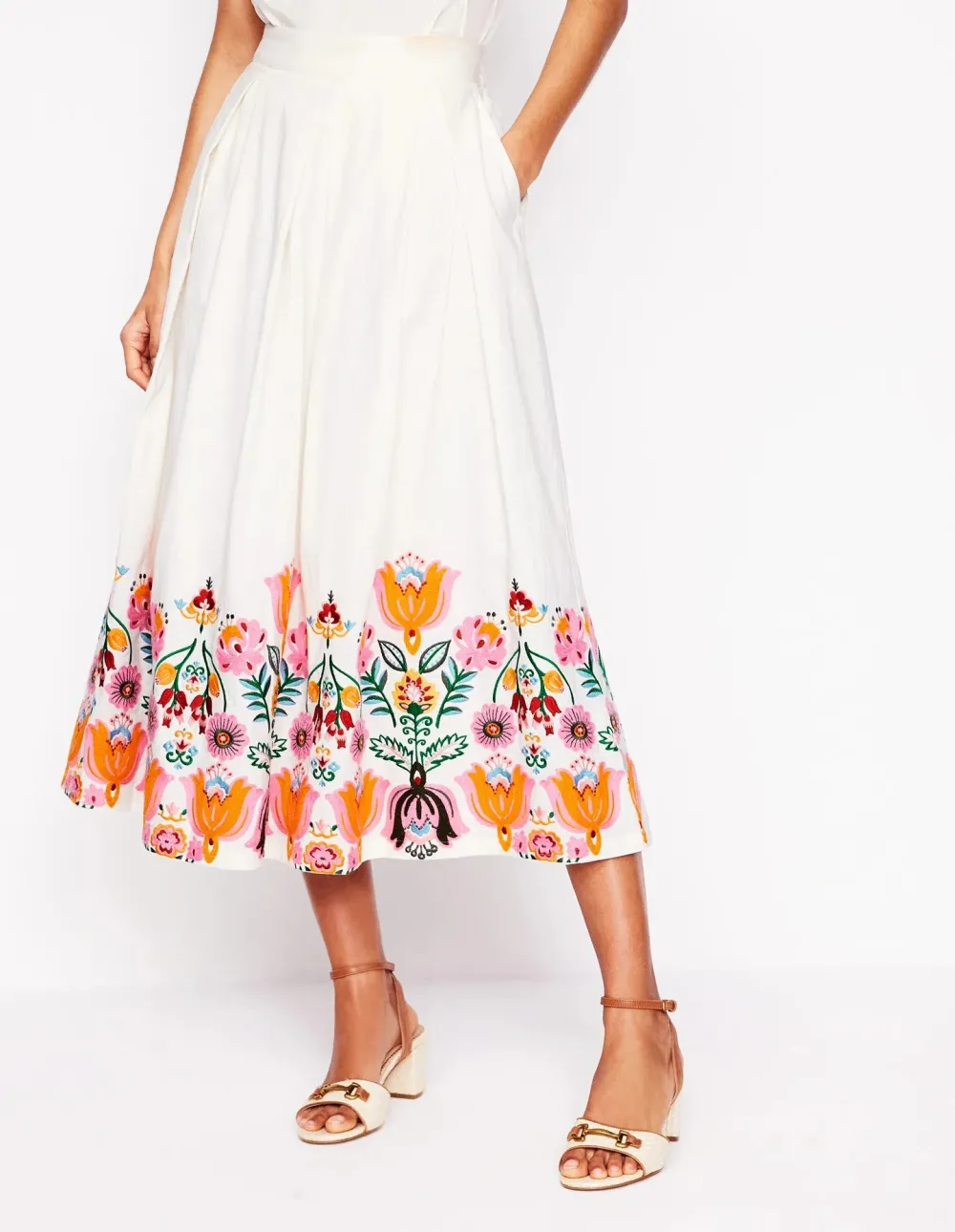White Embroidered Verity Linen Midi Skirt