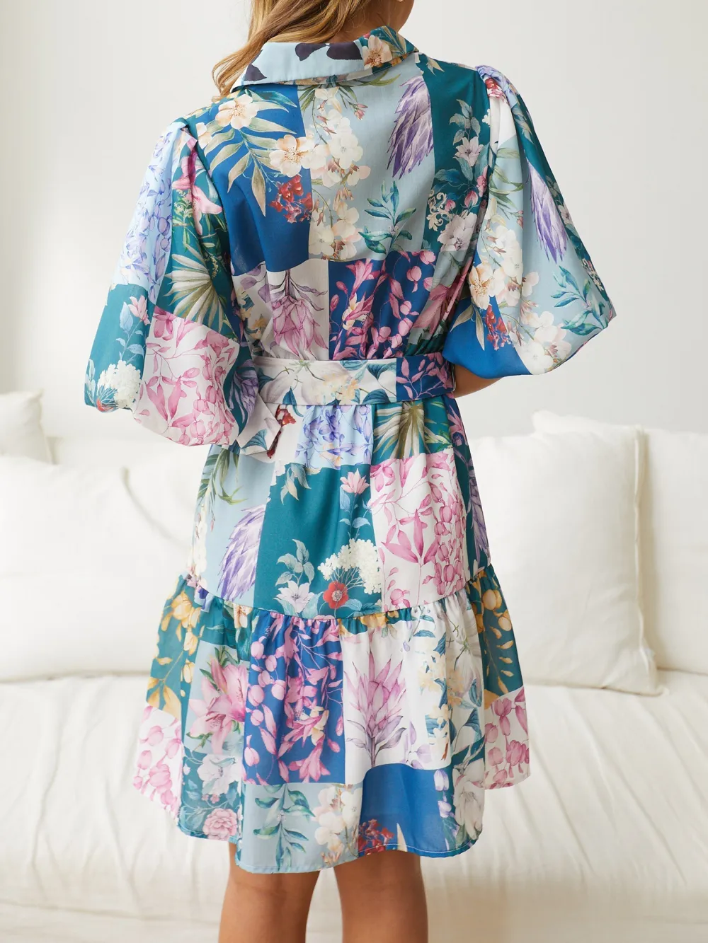 Short Balloon Sleeves Navy Print Dress