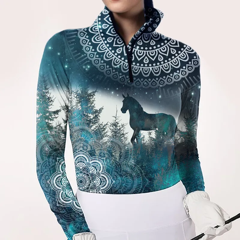 Women's Riding Style Horse Print Long Sleeve Casual Shirt