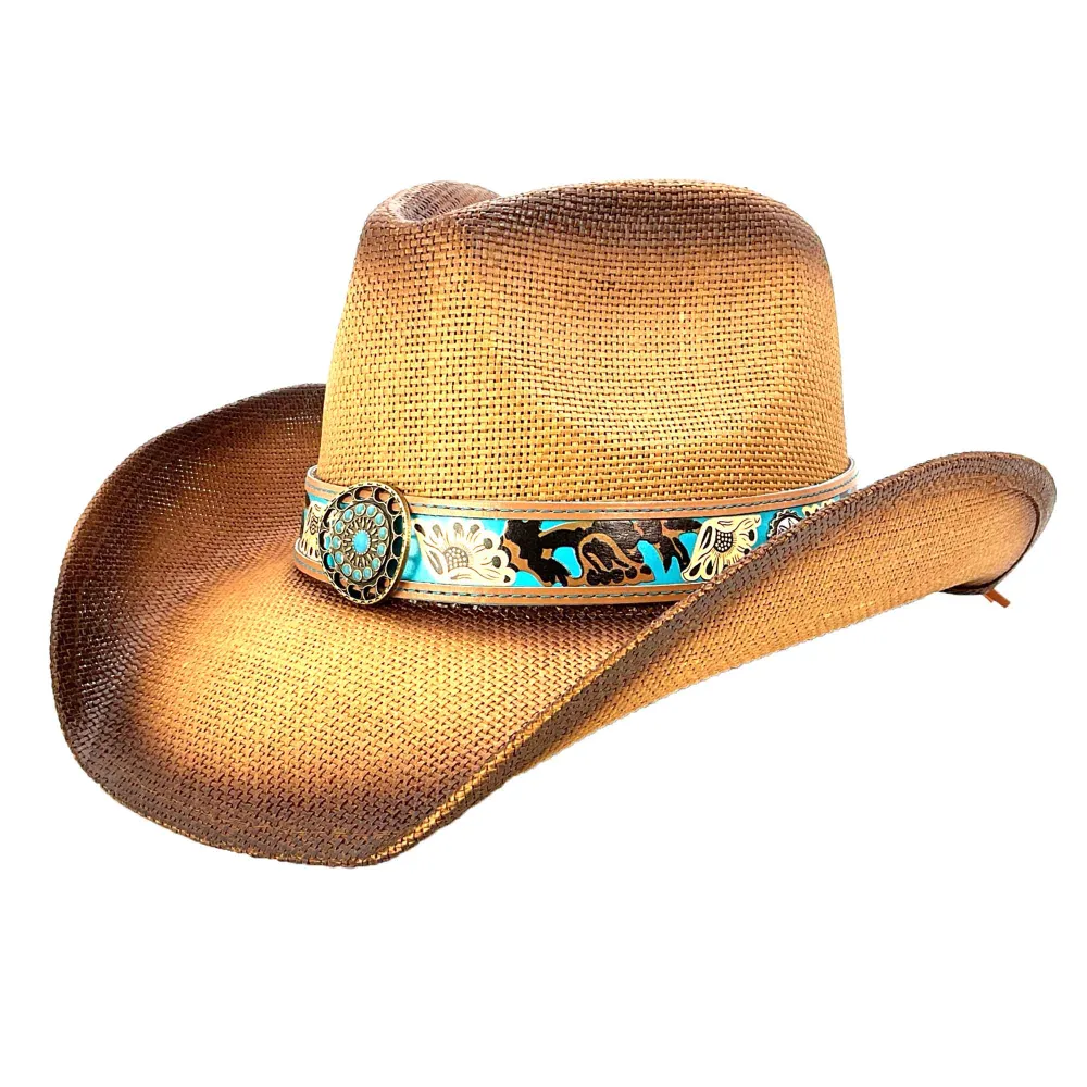Straw Cowboy Hat with Turquoise Band and Concho