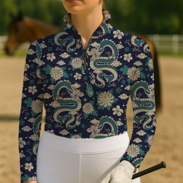 Women's Riding Style Equestrian Dragon Print Long Sleeve Casual Shirt