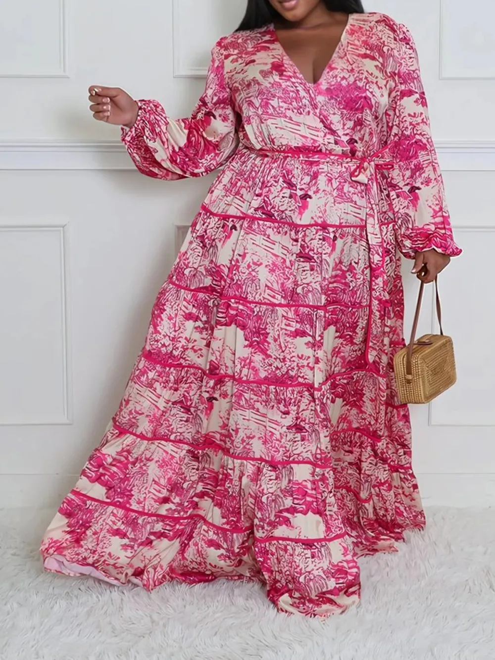 V-Neck Art Graphic Long Sleeve Dress