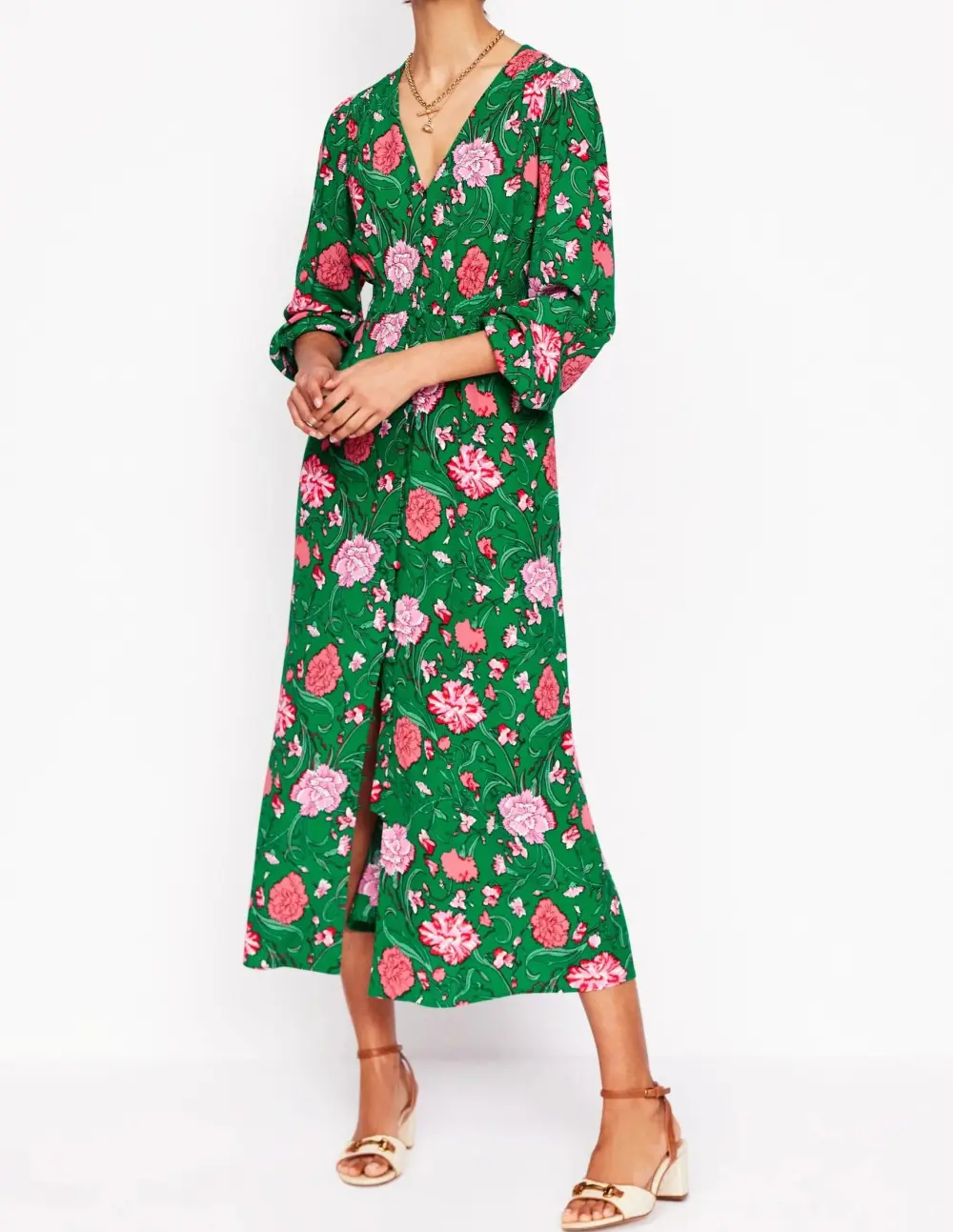 Green Floral Button - Front Tea Dress