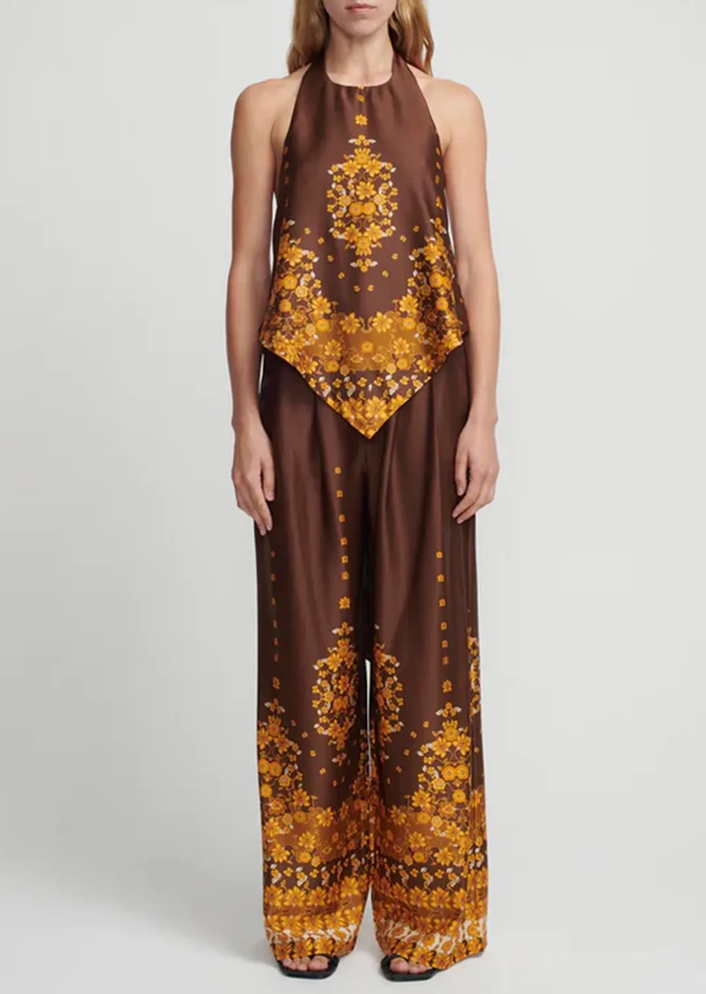 Brown Ornate Pattern Wide Leg Pants