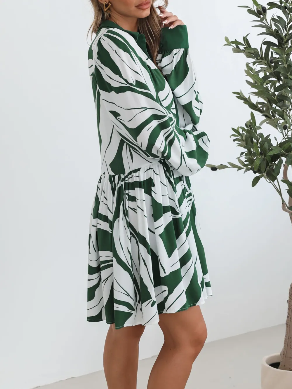 Long Sleeve Green Print Dress
