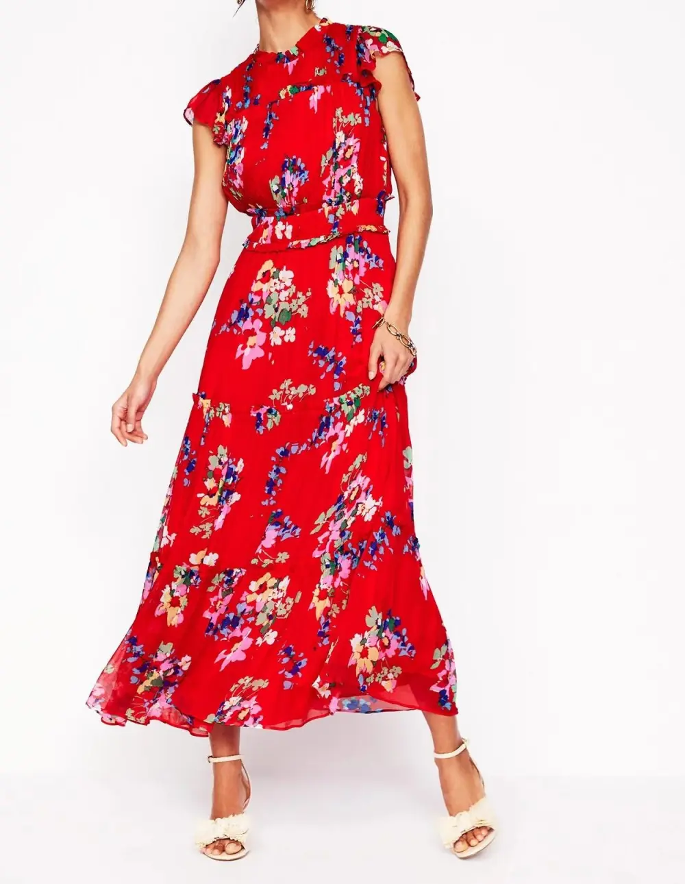 Red Floral High - Neck Midi Dress