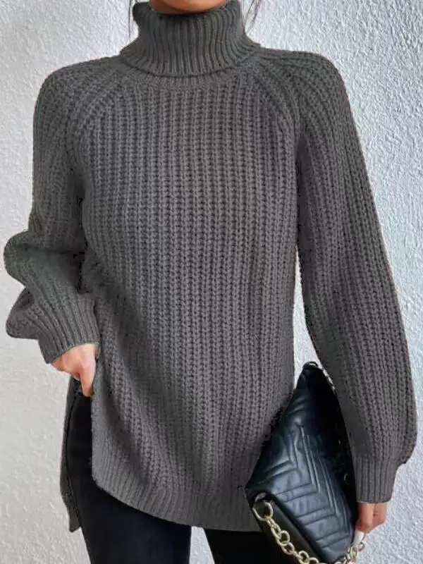 💥HOT SALE📢 Long Sleeves Loose Solid Color Split-Side High Neck Pullovers Sweater