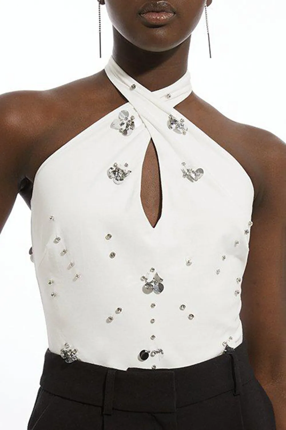 Embellished Stretch Cotton Halterneck Bodysuit