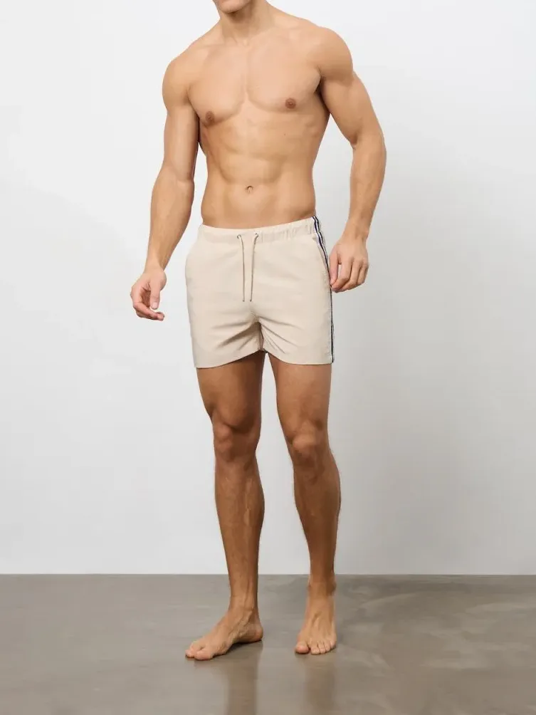 Beige Side Stripe Slim Fit Swim Shorts
