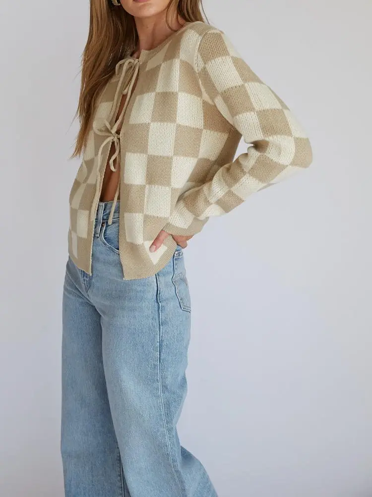 Agnes Checkered Knit Bow Cardigan