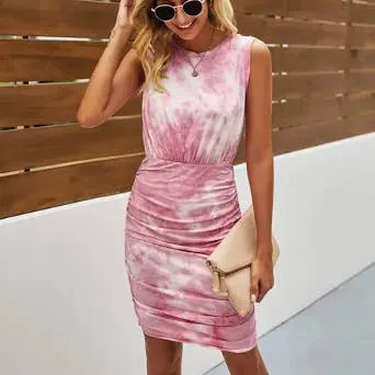 Tie-Dye Sleeveless Ruched Bodycon Party Dress